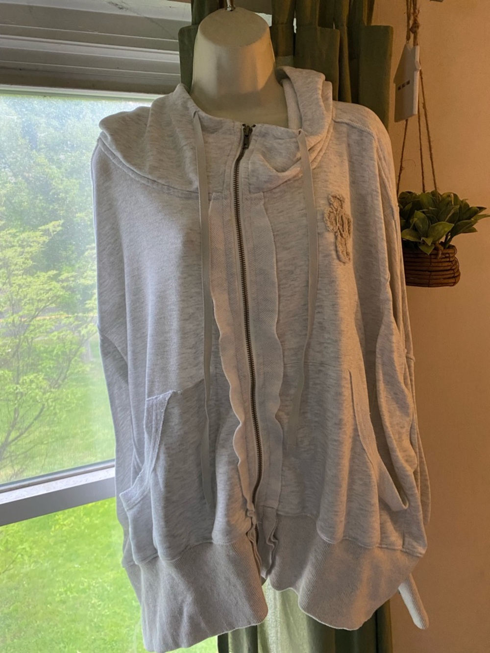 Bucket List light Gray oversized Ruffle Zip Hoodie with Drawstrings! Medium!